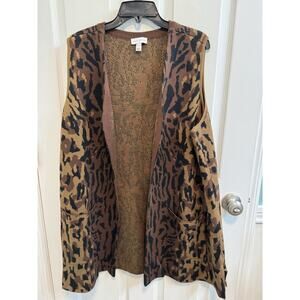Susan Graver XL Black Brown Animal Print Jacquard Open Sweater Vest 100% Acrylic